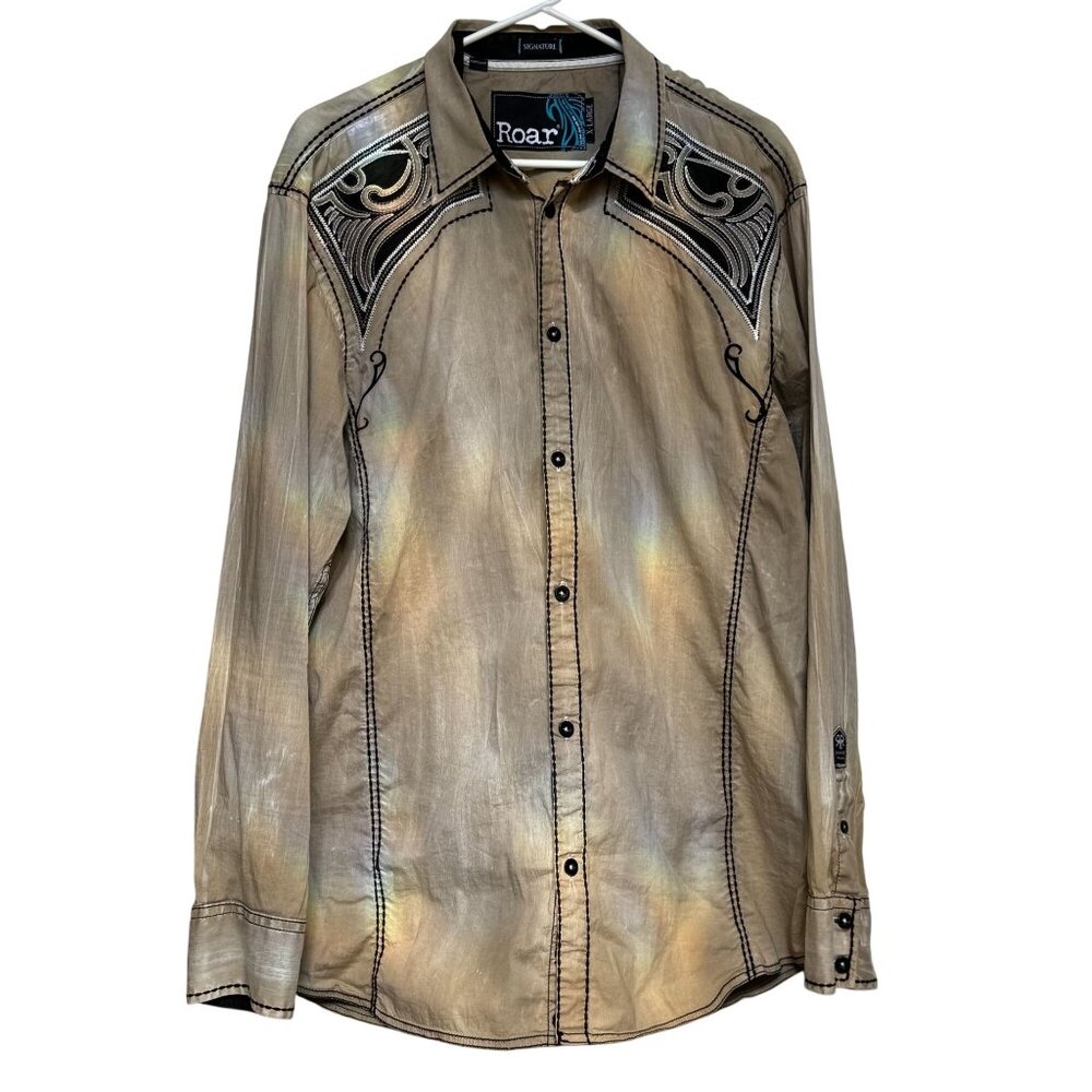 ROAR Western Look Embroidered Tan Button-up Long Sleeve Shirt Men's size XL